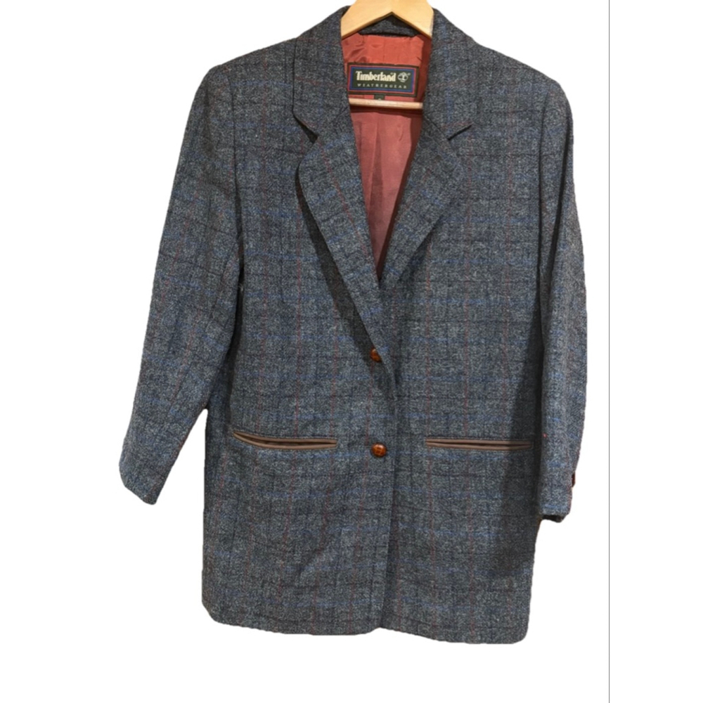 Timberland Weathergear Wool Blazer Jacket Windowpane Leather Trim Portugal Small